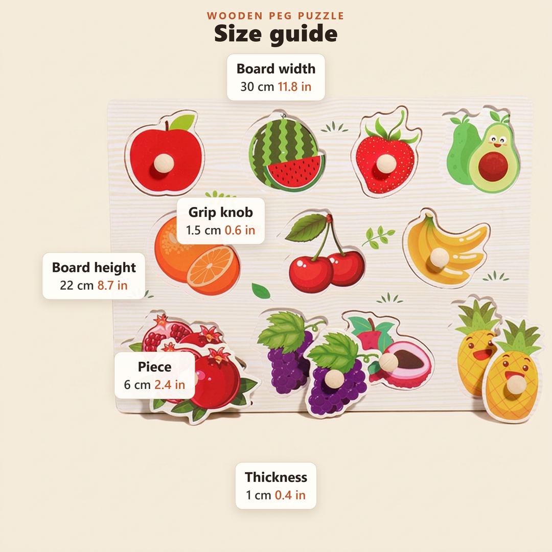 Size guide for the wooden peg puzzle board in centimetres and inches