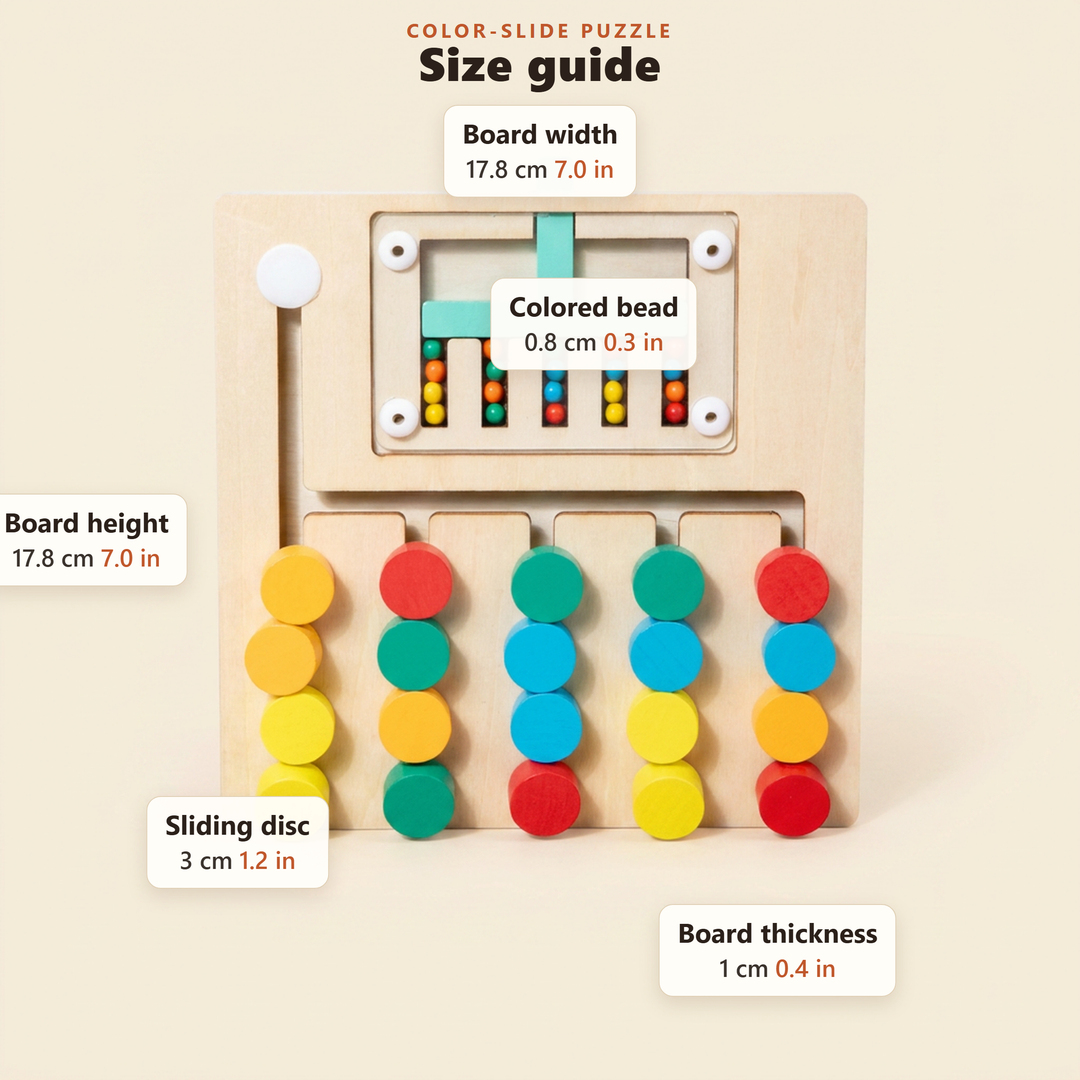 Size guide for the wooden color-slide puzzle in centimetres and inches