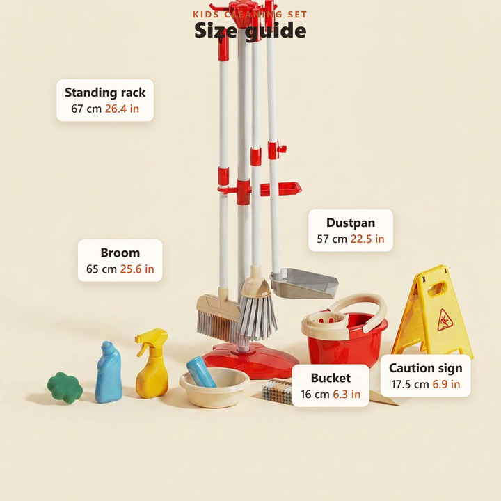 Size guide for the kids cleaning toy set in centimetres and inches