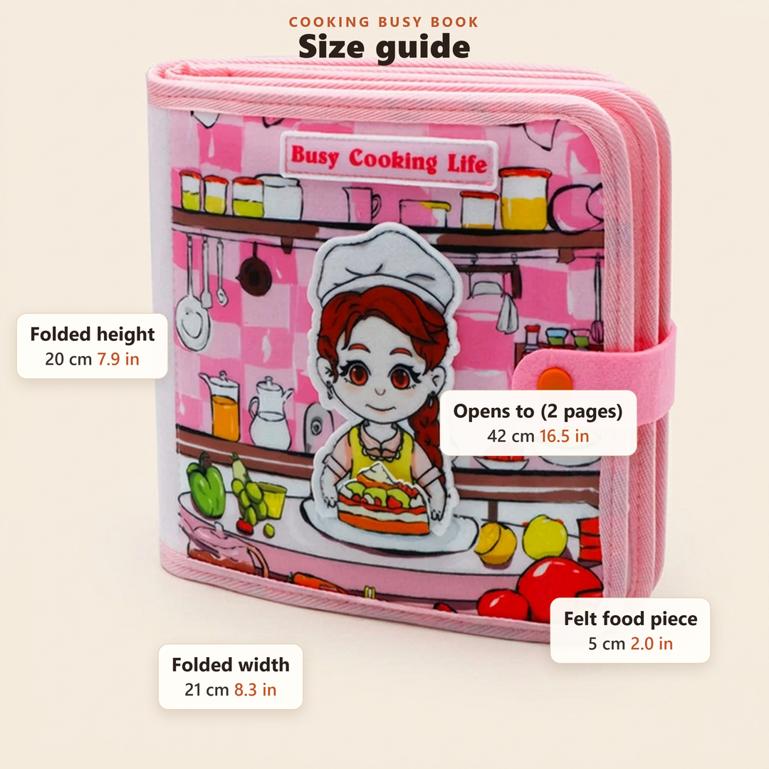 Size guide - folded and open dimensions of the cooking busy book in cm and inches