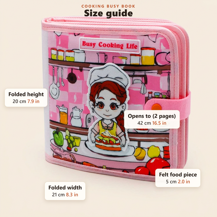Size guide - folded and open dimensions of the cooking busy book in cm and inches