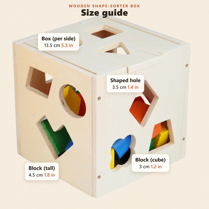 Size guide - approximate box, hole and block measurements in cm and inches