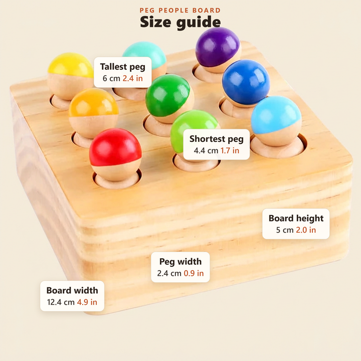 Size guide - approximate board and peg measurements in cm and inches