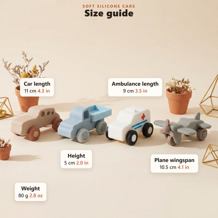 Size guide for the soft silicone vehicle set in centimetres and inches