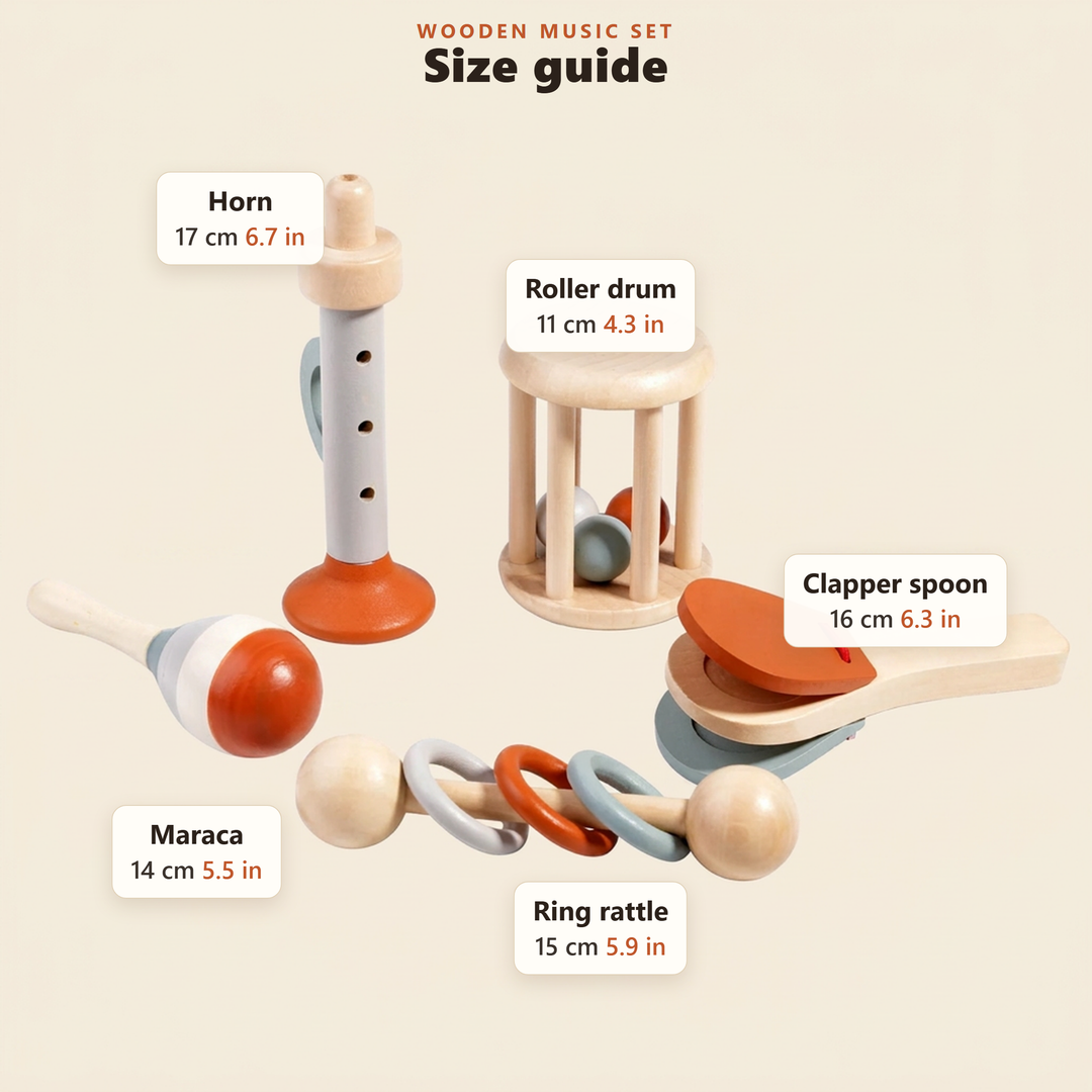 Size guide for the wooden baby music set in centimetres and inches