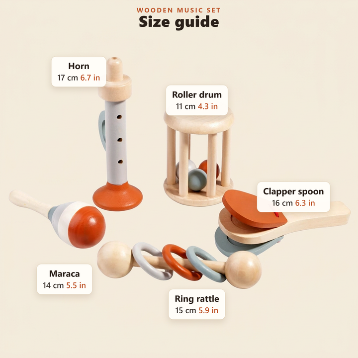 Size guide for the wooden baby music set in centimetres and inches