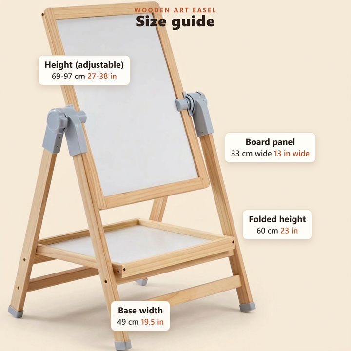 Size guide - approximate easel height, board, base and folded measurements in cm and inches
