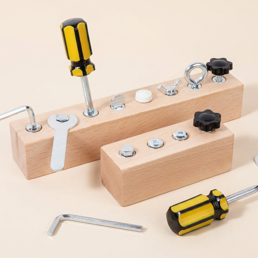 Both sizes side by side - the 20 cm eight-bolt board and the 10 cm four-bolt board with their tools