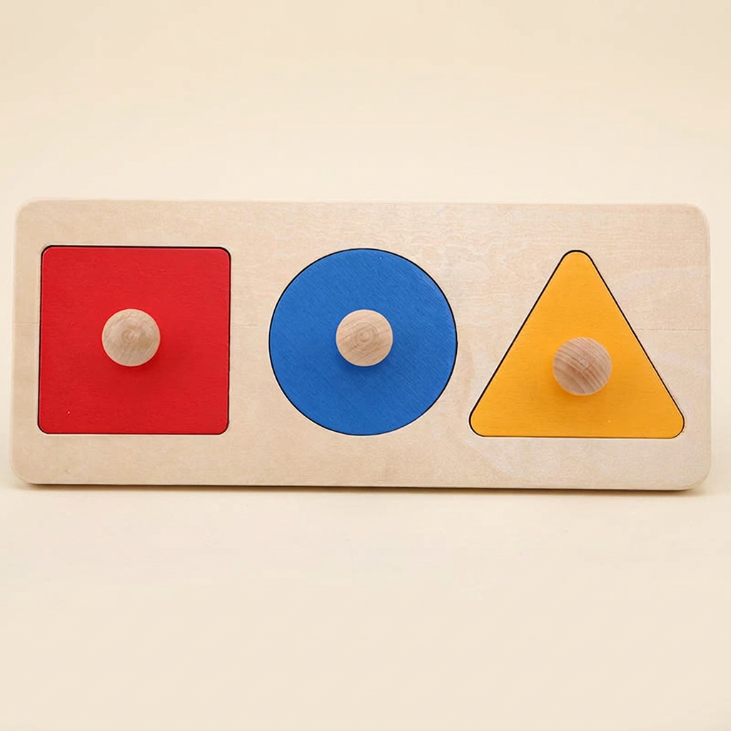Wooden shape puzzle: three basic shapes — square, circle and triangle.