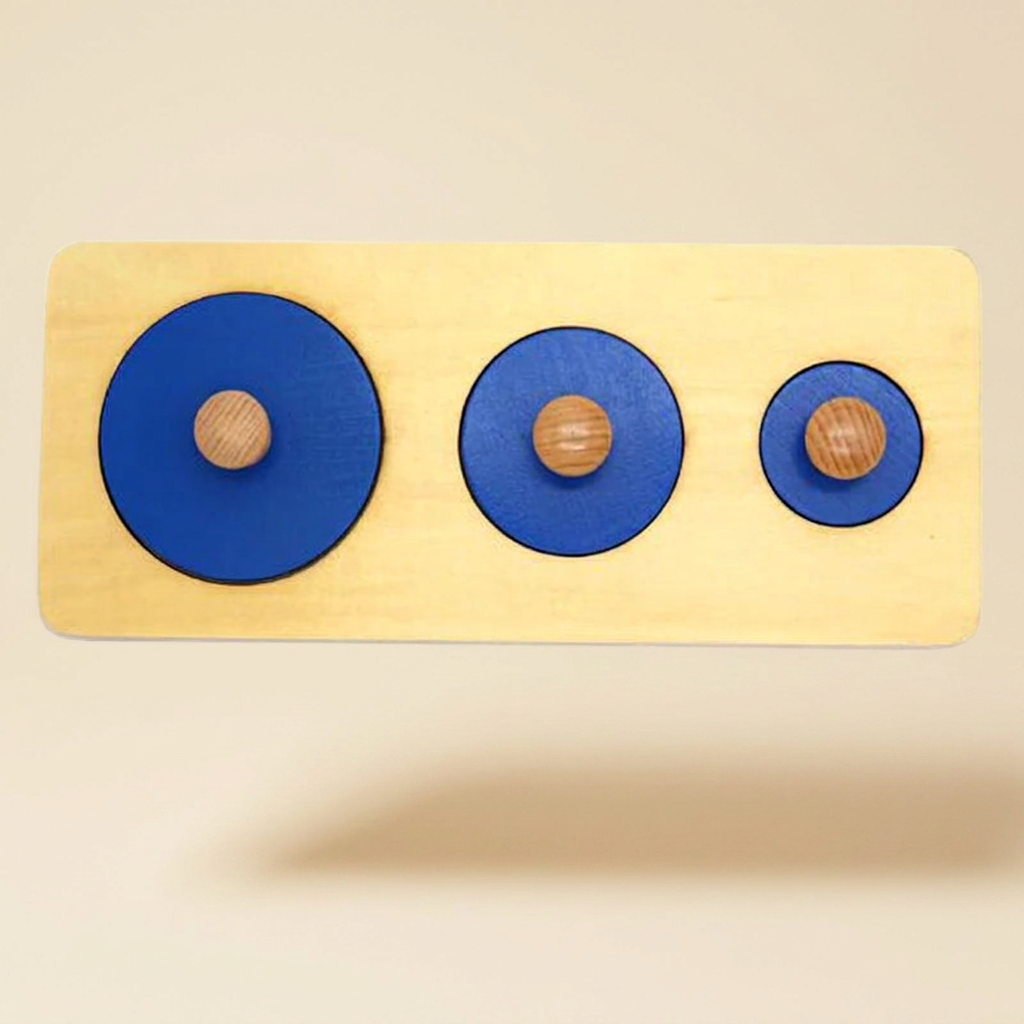 Wooden shape puzzle: board with three graduated circles for size sorting.