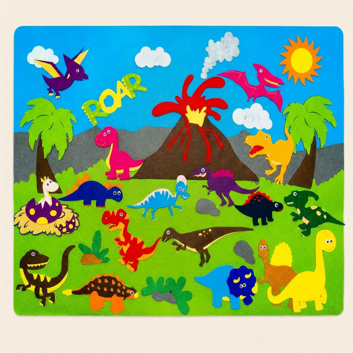 Dinosaur theme - felt story board with its full set of dinosaur, volcano and palm pieces
