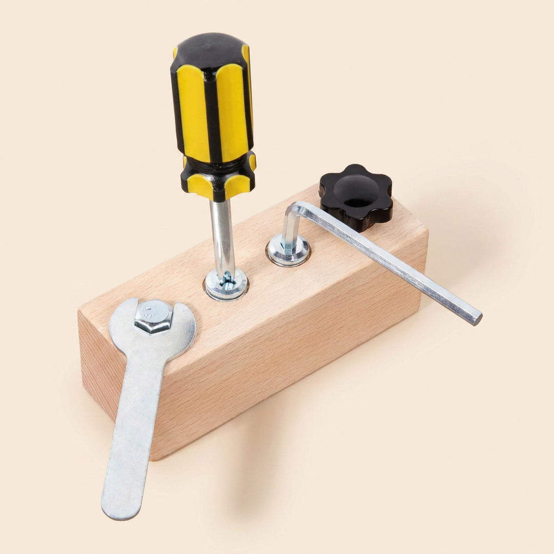 Small size - the 10 cm beechwood bolt board with four fasteners, screwdriver, wrench and hex key