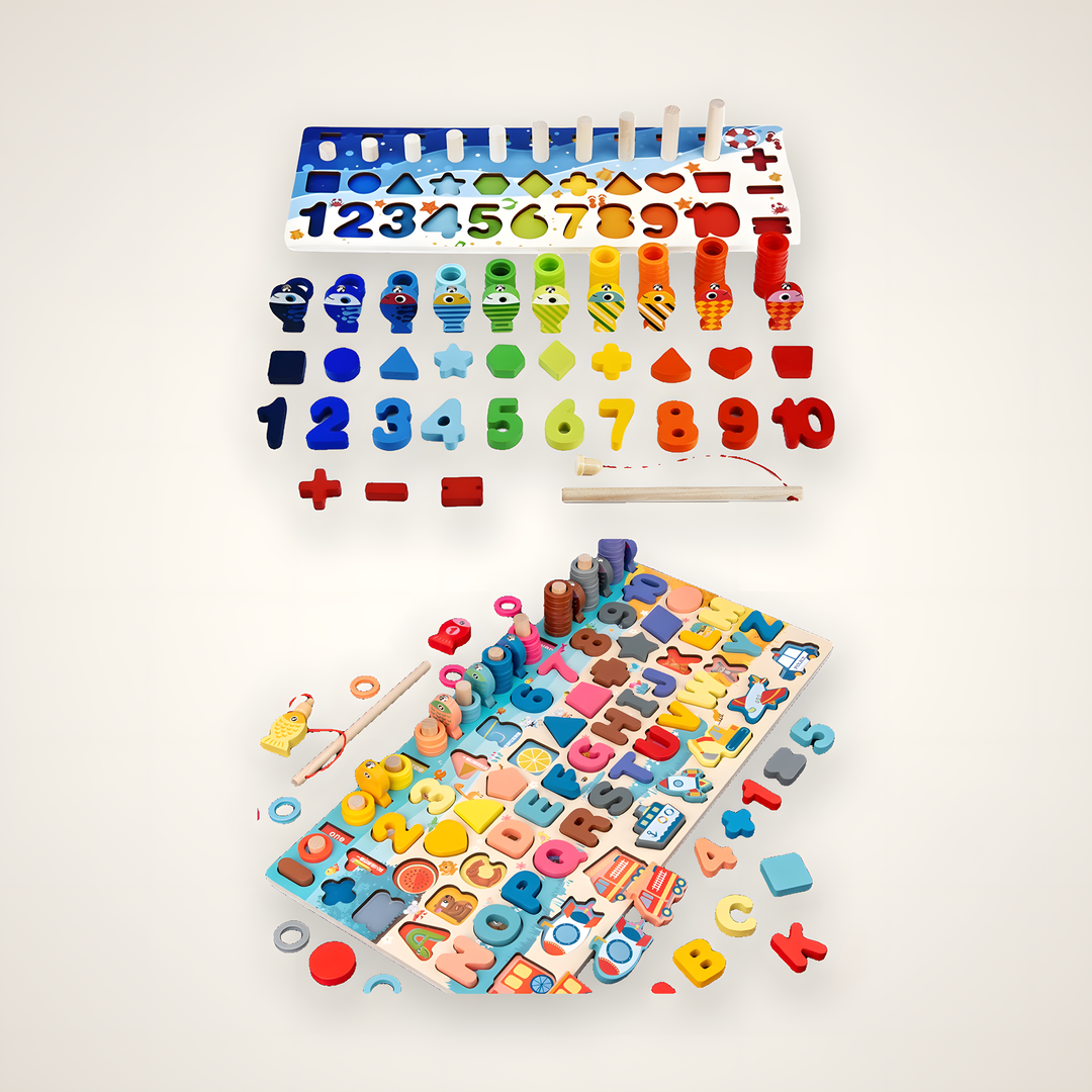 Both wooden board versions - the numbers fishing board and the letters and vehicles board with all their pieces