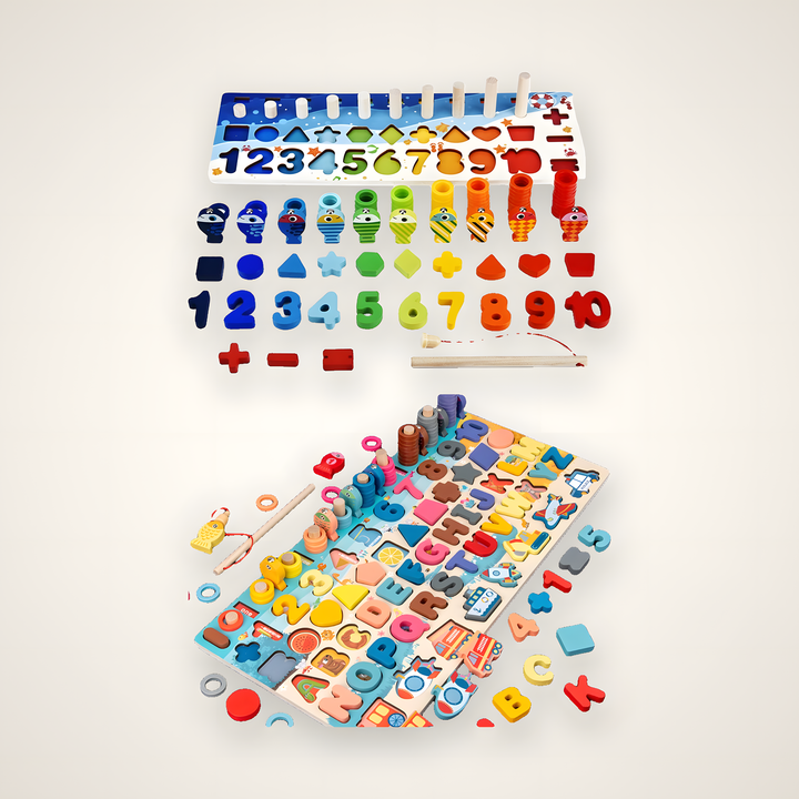 Both wooden board versions - the numbers fishing board and the letters and vehicles board with all their pieces