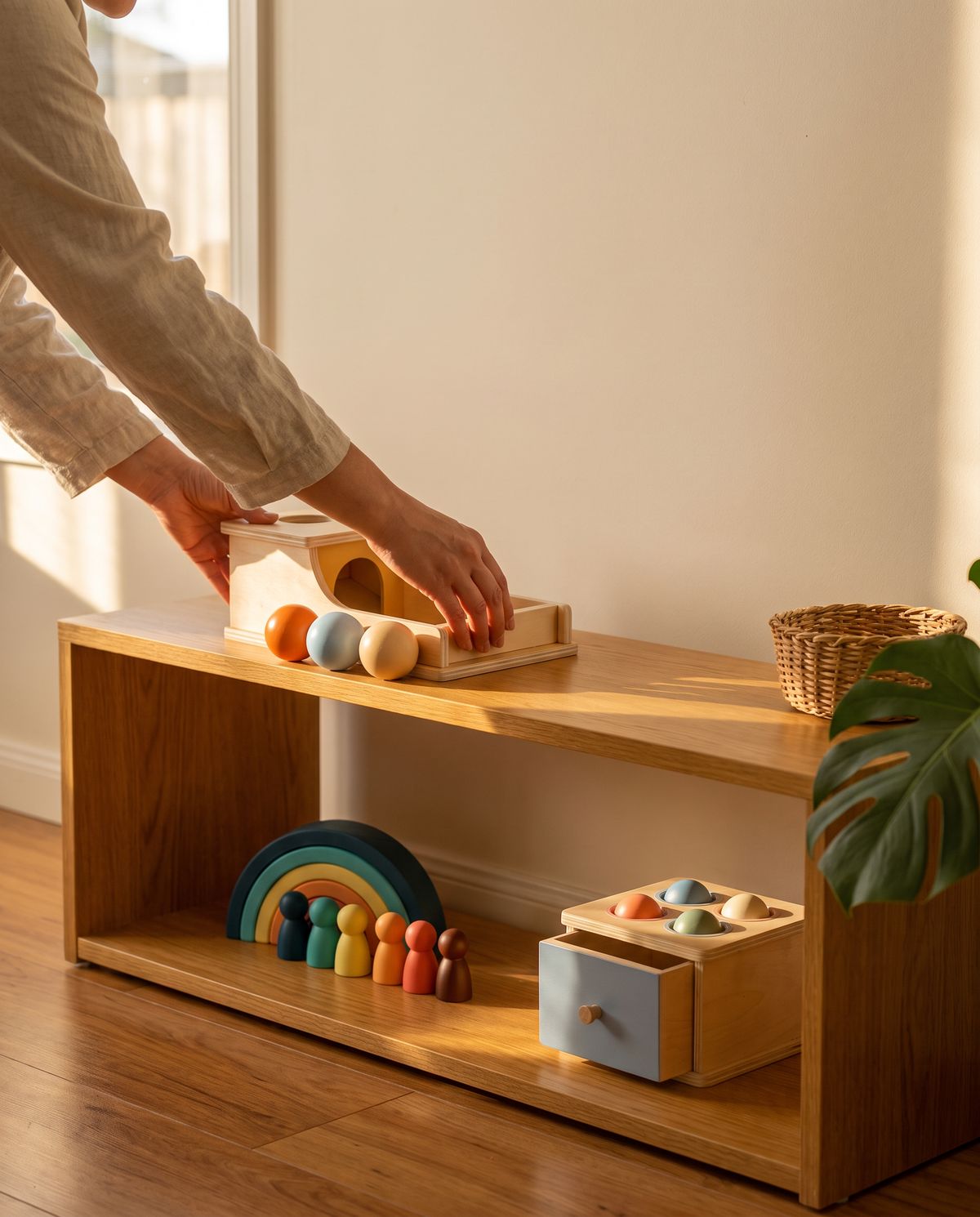 A Montessori teacher's hands setting a wooden object permanence box on a low shelf beside a rainbow stacker and a drawer box