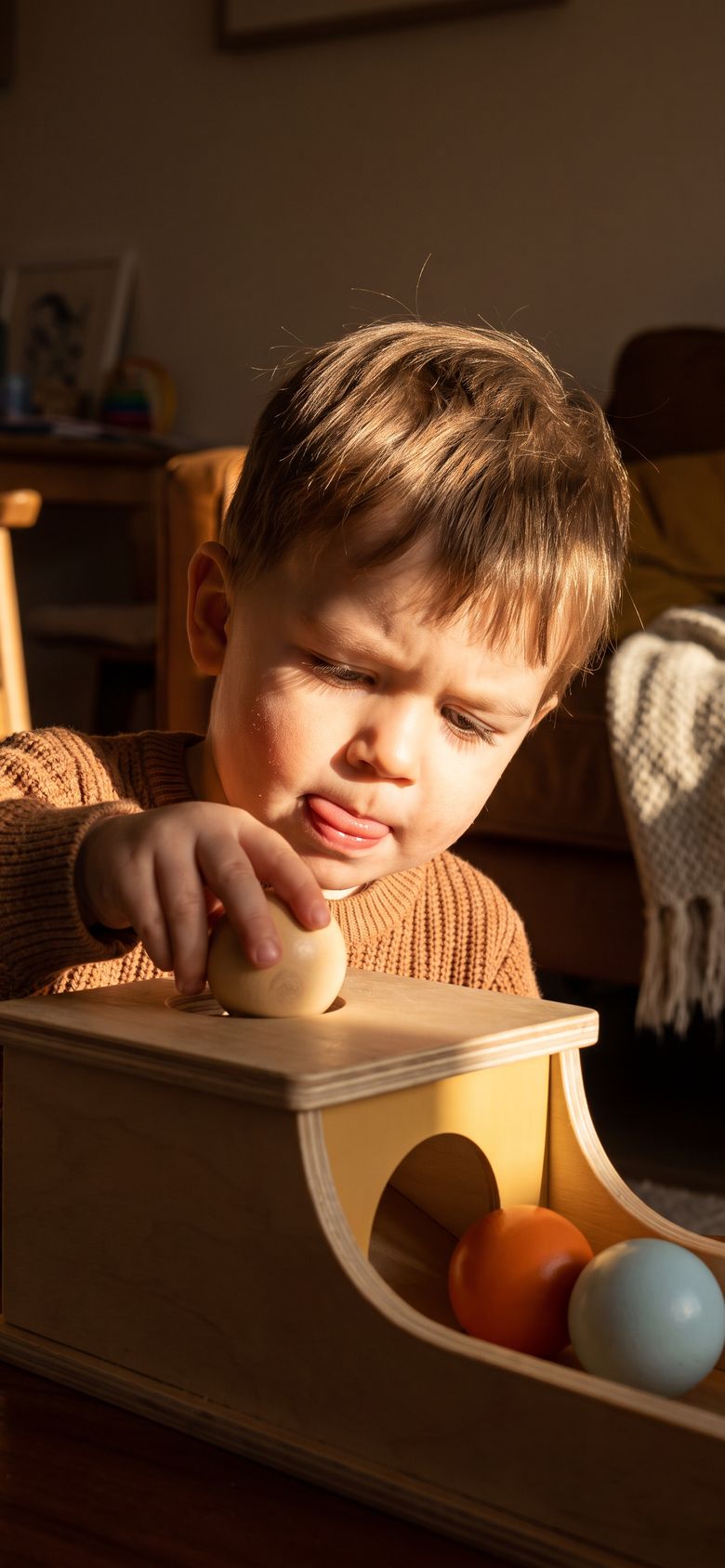 Two-year-old posting a wooden ball into the Montessori Wooden Object Permanence Box, in afternoon sun