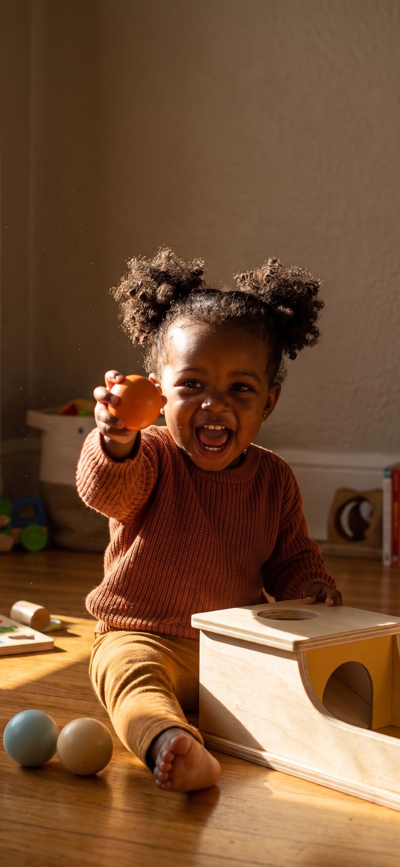 Toddler holding up a wooden ball from the Montessori Wooden Object Permanence Box, laughing