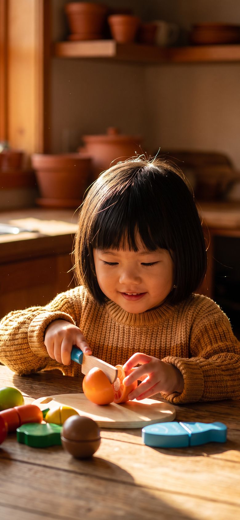 Four-year-old slicing a wooden orange with the Wooden Cutting Fruit and Vegetable Set at a kitchen table