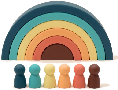 Silicone Rainbow Stacker with peg dolls, a Montessori stacking toy for 2 year olds